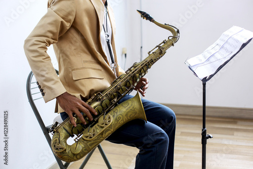 Sticker Close-up Fingers Pushing The Keys Playing Saxophone