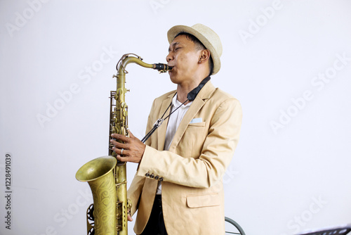 Photography Young Male Playing Saxophone Isolated On White Background
