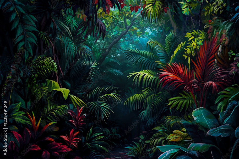 A vibrant forest filled with exotic plants and dense foliage. A vibrant forest filled with exotic plants and dense foliage.