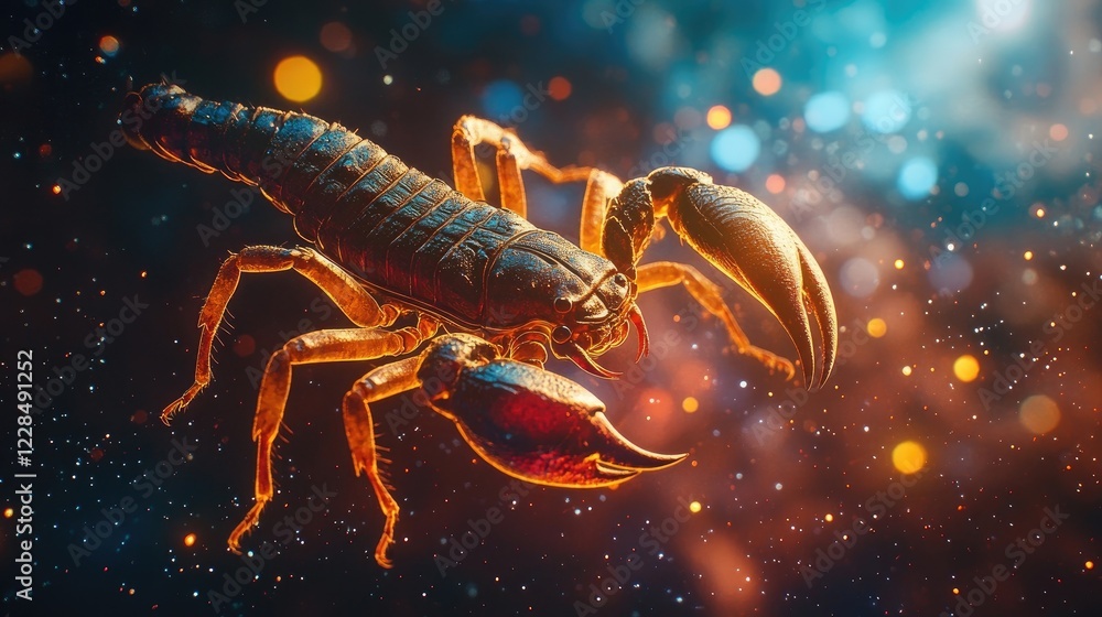 A scorpion against a backdrop of shimmering galaxy colors A scorpion against a backdrop of shimmering galaxy colors