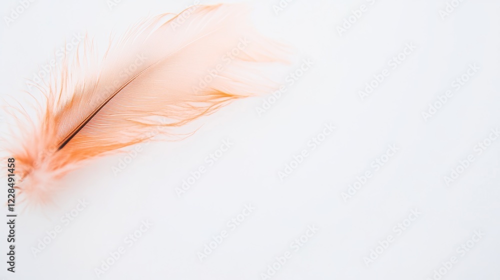 Soft pink feather lying on a smooth white surface showcasing delicate textures and gentle colors in natural light Soft pink feather lying on a smooth white surface showcasing delicate textures and gentle colors in natural light