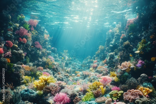 Fototapeta Naklejka Na Ścianę i Meble -  Vibrant coral reef teeming with life, sunlit underwater scene. Ideal for travel, nature, or ocean-themed projects, evoking tranquility and beauty.