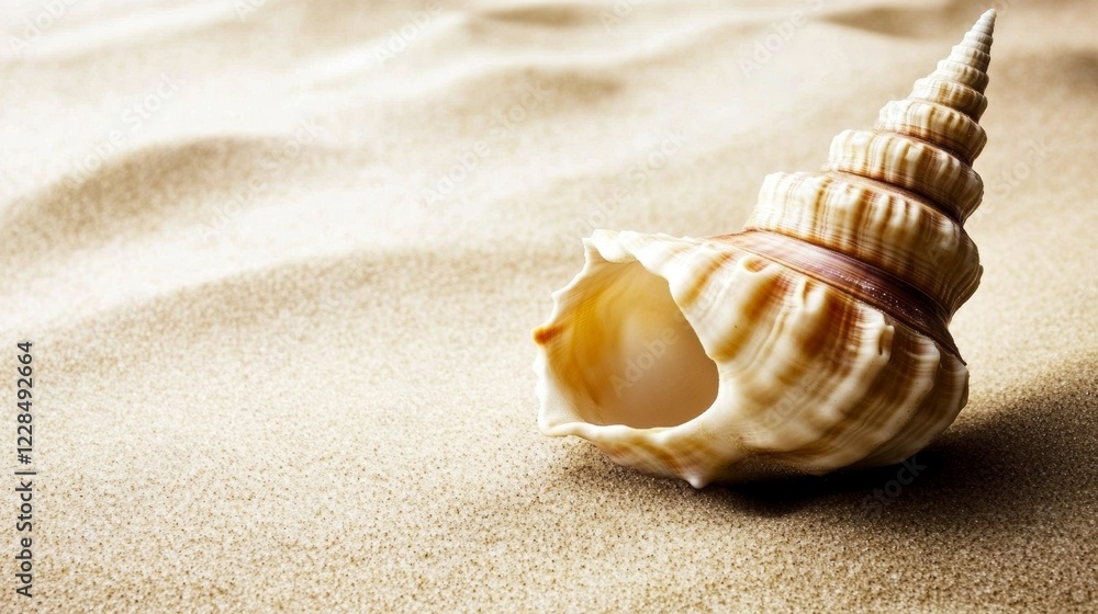 Shell resting on golden sand under soft sunlight at a serene beach location Shell resting on golden sand under soft sunlight at a serene beach location