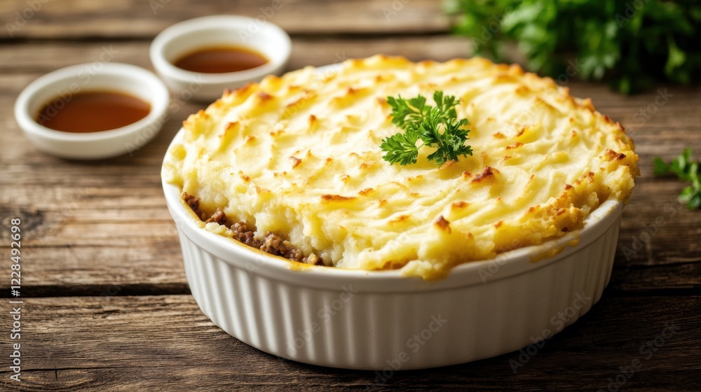 A hearty and savory shepherd’s pie with a golden, crispy mashed potato topping and a rich beef and vegetable filling, served in a white ceramic dish A hearty and savory shepherd’s pie with a golden, crispy mashed potato topping and a rich beef and vegetable filling, served in a white ceramic dish