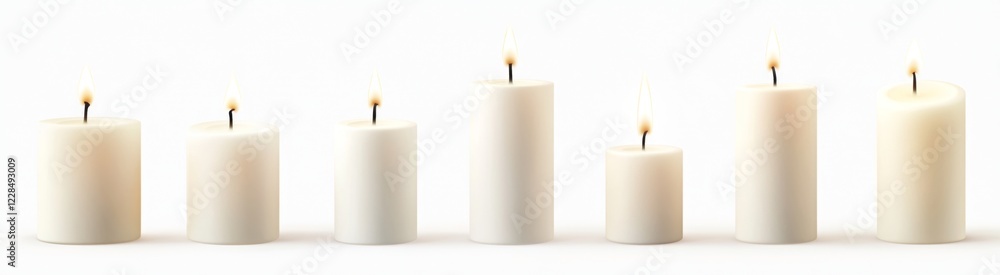 Lit white candles various sizes, white background, product shot Lit white candles various sizes, white background, product shot