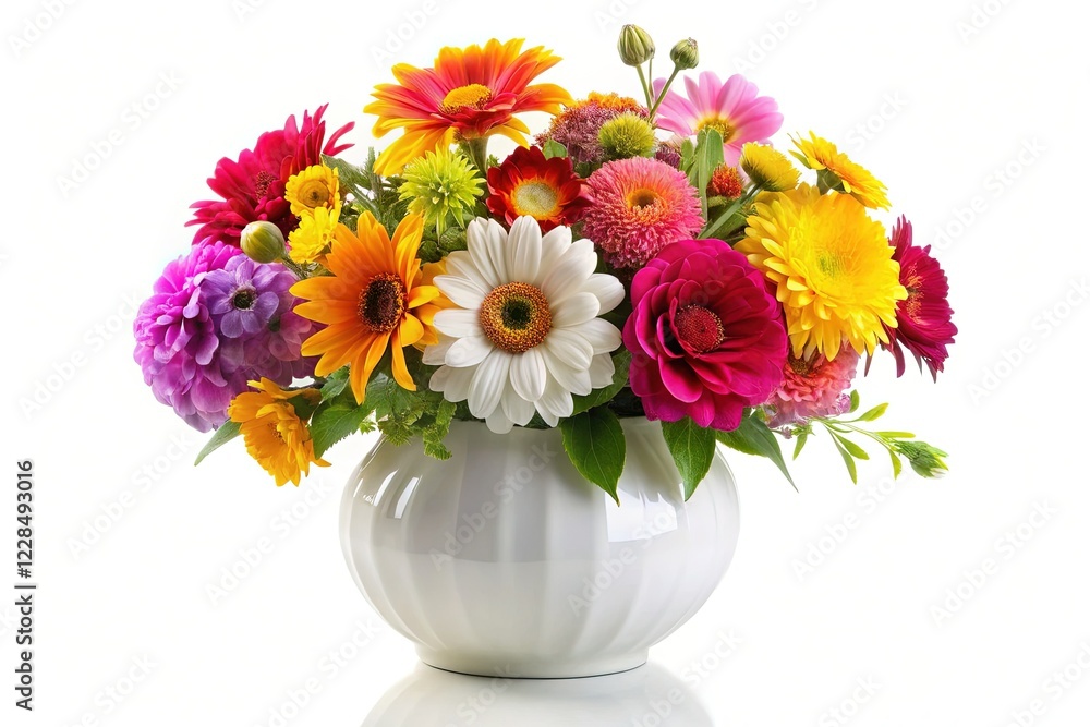 Elegant White Vase with Blooming Flowers Isolated on White Background - Stock Photo Elegant White Vase with Blooming Flowers Isolated on White Background - Stock Photo