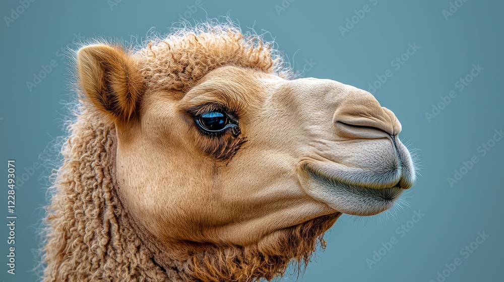 Obraz premium Camel head close-up, fuzzy coat, blue backdrop, looking forward, zoo animal portrait