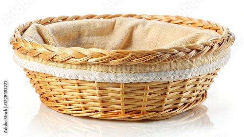 Empty Wicker Basket with Linen Lining, Isolated on White Background - Stock Photo