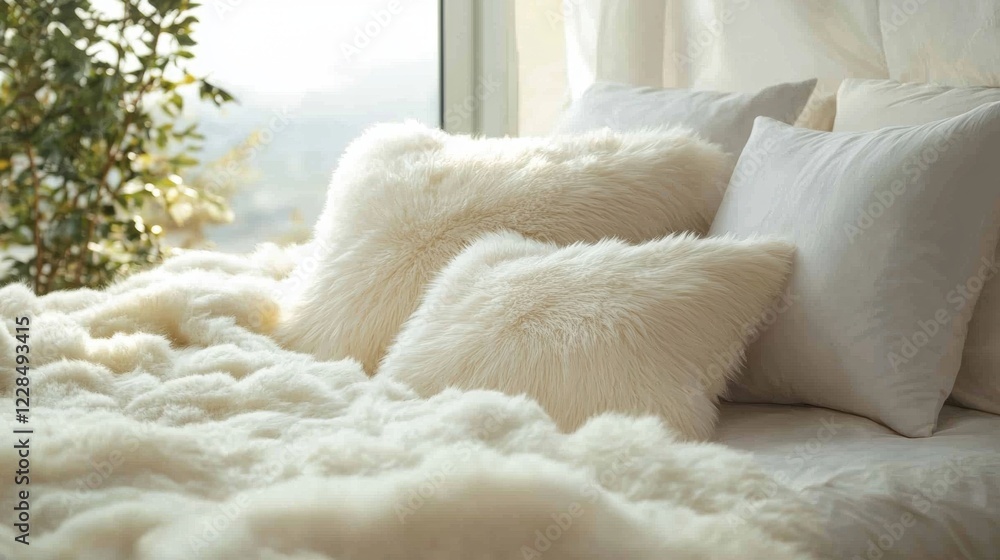 Cozy bedroom scene with plush bedding and soft pillows modern home interior relaxing atmosphere Cozy bedroom scene with plush bedding and soft pillows modern home interior relaxing atmosphere