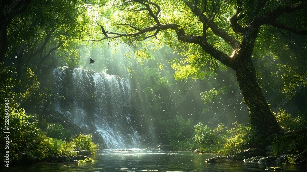 Serene Waterfall Scene in Lush Green Forest Serene Waterfall Scene in Lush Green Forest