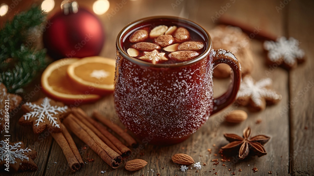 Festive mulled wine with spices, cookies, Christmas decor Festive mulled wine with spices, cookies, Christmas decor