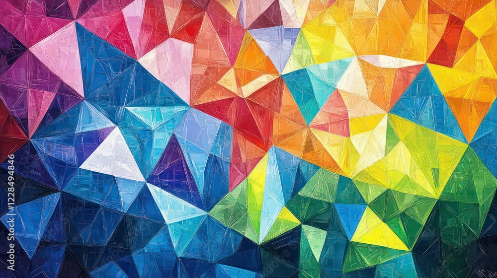 Obraz premium Vibrant Geometric Mosaic of Interlocking Colorful Triangles and Stripes