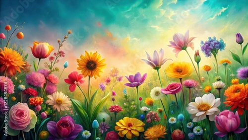 Vibrant Wildflower Meadow at Sunrise, a Breathtaking Panorama of Blossoms in a Lush Field, bathed in the Warm Glow of the Morning Sun