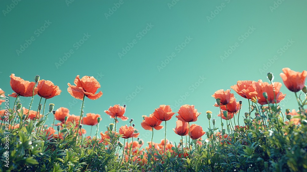 Obraz premium Poppies Bloom Under Teal Sky in Field of Green Plants Sunny Day View Nature Scene Flowers Field.