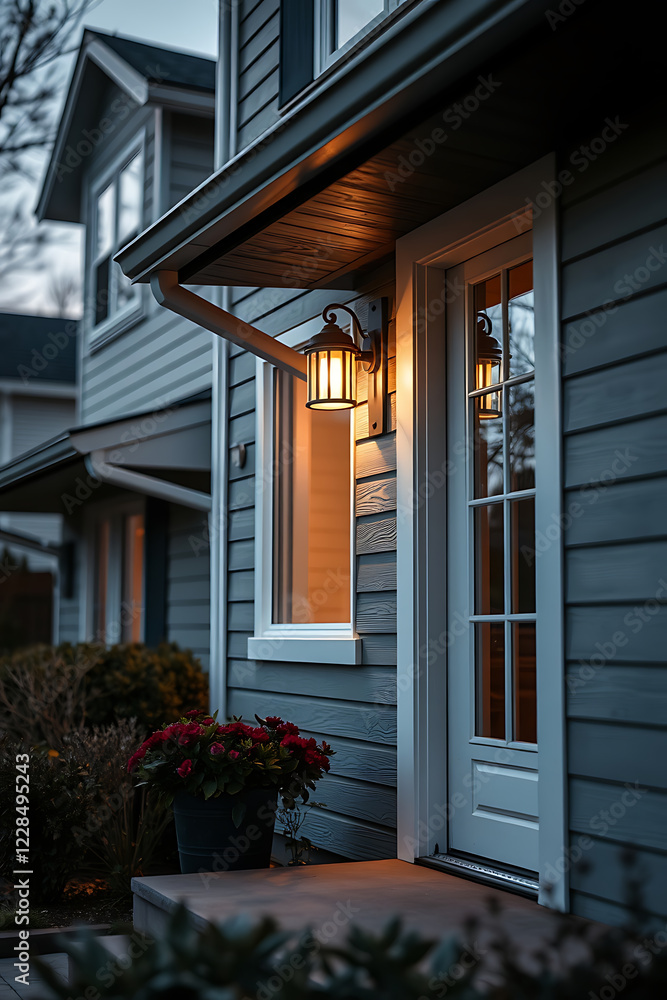 Obraz premium Evening view of a charming house exterior, showcasing warm lighting and beautiful landscaping. The gray siding and white door create a welcoming entrance.