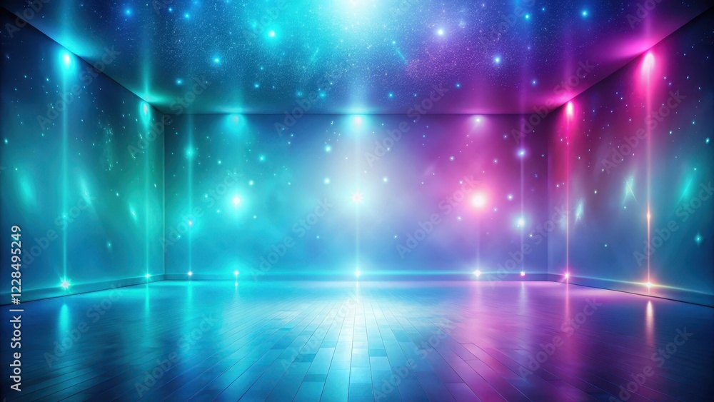 Fototapeta premium Enchanted Room Neon Lights Reflect on Polished Floor, Celestial Glow on Walls