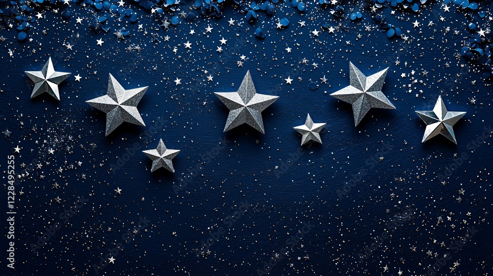 Silver Stars on Deep Blue Background With Glimmering Confetti Stars Scattered Overhead Above Surface. Silver Stars on Deep Blue Background With Glimmering Confetti Stars Scattered Overhead Above Surface.