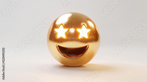 3d rendered emoji with gleaming starstruck eyes metallic gold finish with subtle iridescent highlights floating on pure white background photo