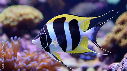 Vibrant Moorish Idol Fish swimming among colorful coral in a tropical reef habitat, Underwater, Moorish Idol Fish, Tropical photo