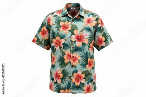 A Teal Mens Short Sleeve Hawaiian Shirt with Hibiscus Flowers