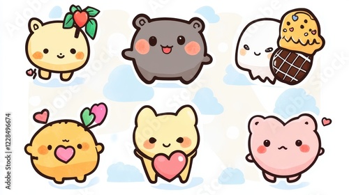 Cute Cartoon Characters with Ice Cream, Hearts, and Playful Expressions