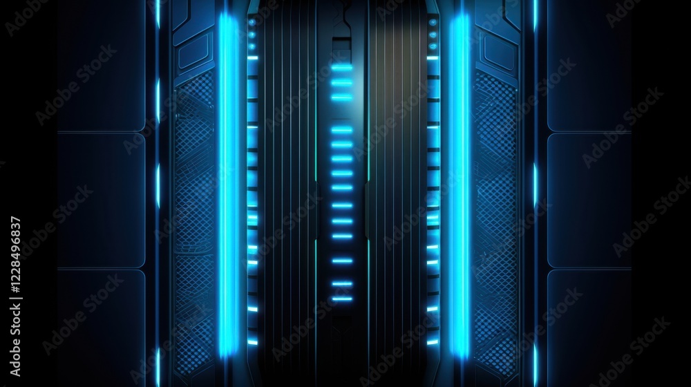Abstract Futuristic Tech Background Design: Glowing Blue Neon Lines on Dark Metal Panel Abstract Futuristic Tech Background Design: Glowing Blue Neon Lines on Dark Metal Panel