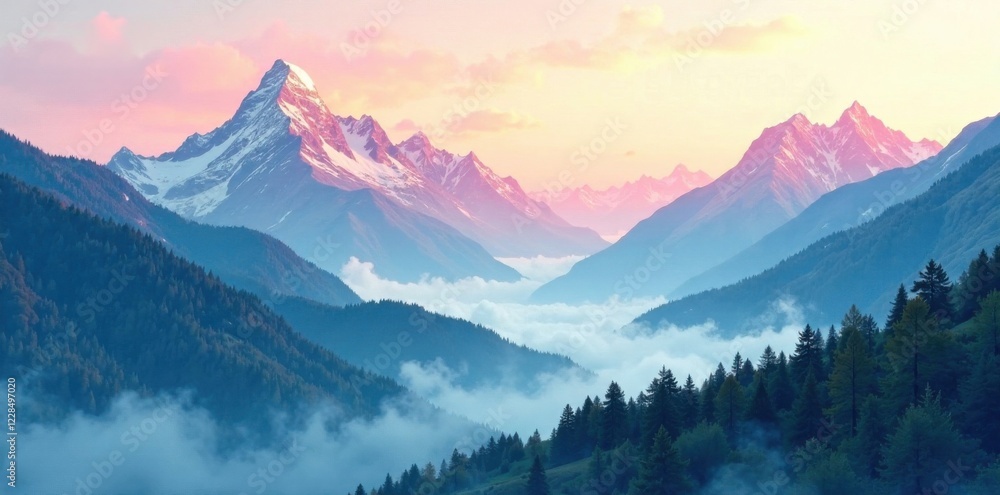 Soft focus watercolor of a misty mountain range, natural, soft focus Soft focus watercolor of a misty mountain range, natural, soft focus