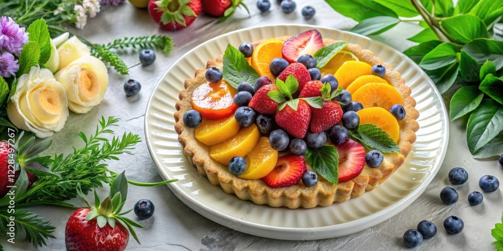 A delightful summer fruit tart, adorned with fresh strawberries, blueberries, and vibrant yellow peach slices, sits elegantly on a plate, surrounded by a lush arrangement of flowers and greenery. A delightful summer fruit tart, adorned with fresh strawberries, blueberries, and vibrant yellow peach slices, sits elegantly on a plate, surrounded by a lush arrangement of flowers and greenery.