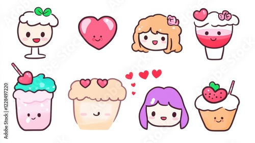 Cute and Colorful Dessert Characters with Hearts and Sweet Treats for Fun Designs