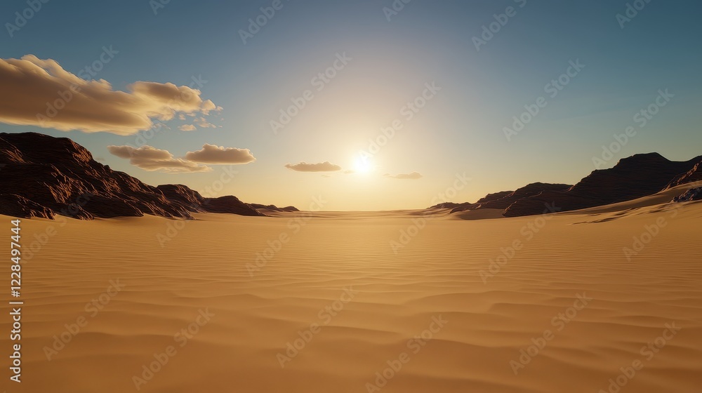 Fototapeta premium Vast Serene Desert Landscape at Sunrise with Gentle Hues and Rolling Sand Dunes