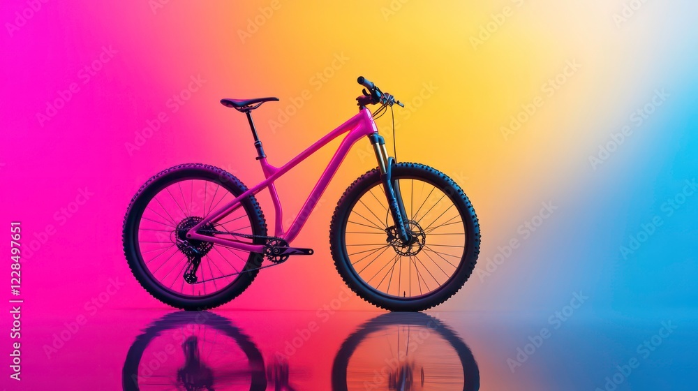 Fototapeta premium vibrant pink mountain bike stands against colorful gradient background, reflecting beautifully on surface