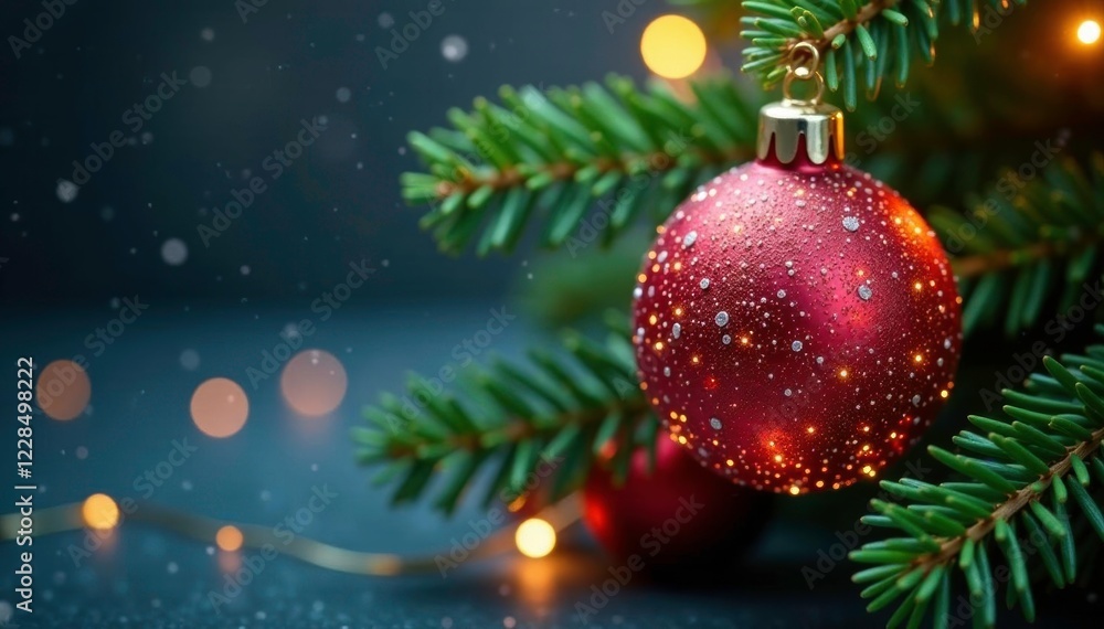 Sparkling glass ball glitters on evergreen fir branch, holiday, festive, sparkly Sparkling glass ball glitters on evergreen fir branch, holiday, festive, sparkly