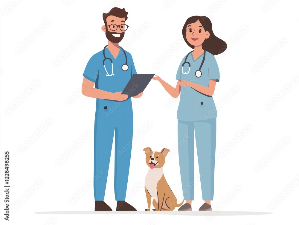 Veterinarian - Veterinarian in scrubs, examining a pet or discussing care with a pet owner, on a White Background. Veterinarian - Veterinarian in scrubs, examining a pet or discussing care with a pet owner, on a White Background.