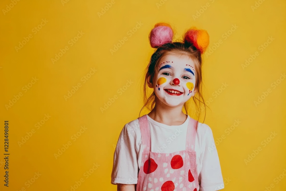 Happy child dressed as a clown with colorful face paint enjoying a playful moment against a bright yellow background Happy child dressed as a clown with colorful face paint enjoying a playful moment against a bright yellow background