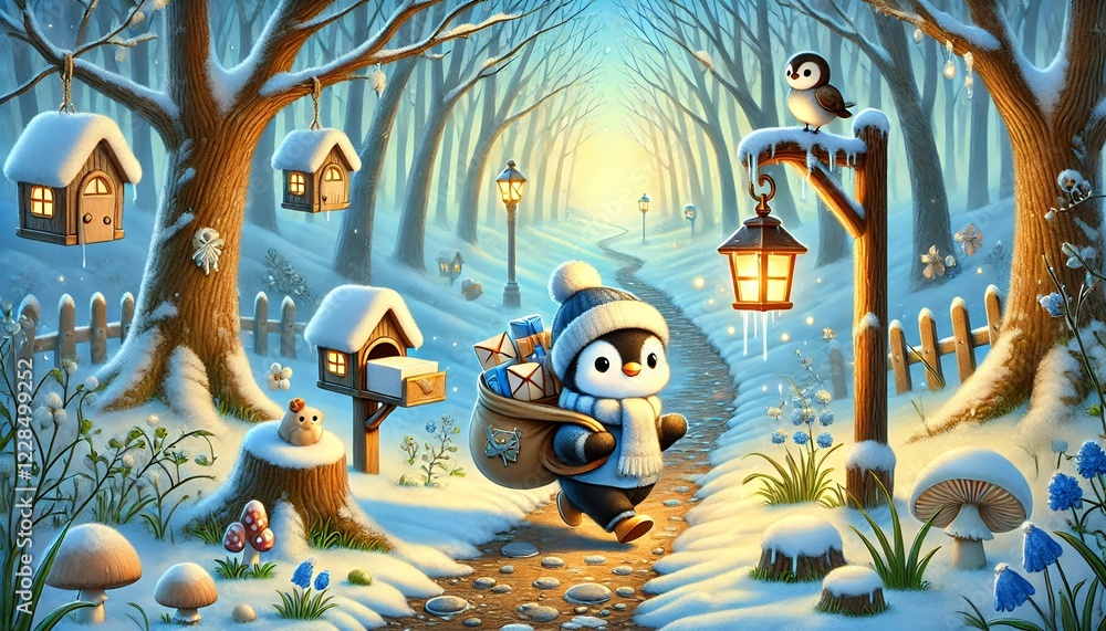 Obraz premium A whimsical scene of a snow-melting forest with a cute penguin mail carrier delivering glowing letters, surrounded by cozy animal homes and springtime charm