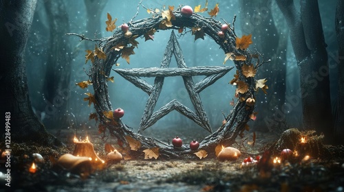 a mystical pentagram crafted from moonlit silver birch branches adorned with crystallized dewdrops and scattered pomegranates set in a misty twilight grove with glowing mushrooms and celtic runes photo