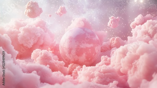 a pink celestial dreamscape featuring a whimsical dolllike planet suspended in cotton candy clouds surrounded by stardusted space rendered in soft pastels and ethereal lighting photo