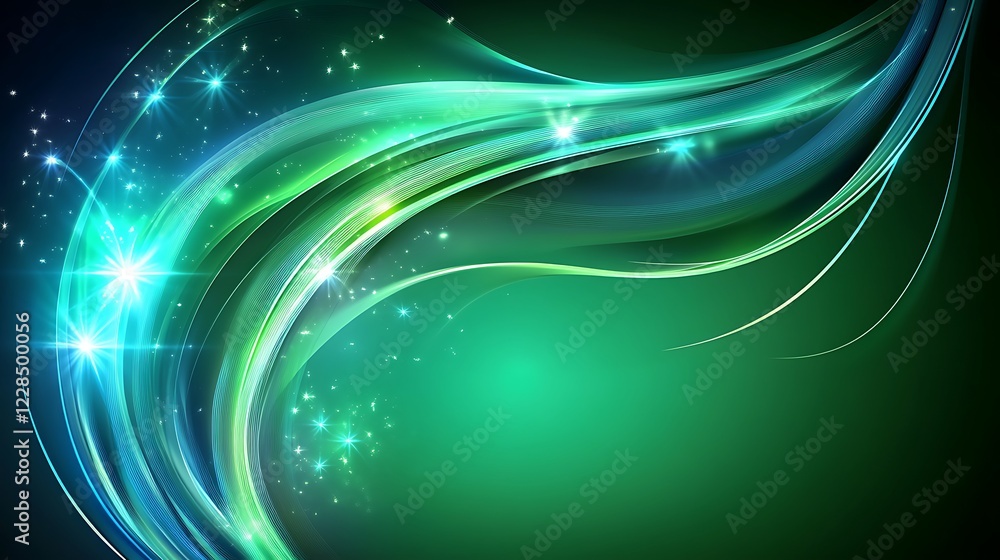 Abstract Green Swirling Light Wave Design with Stars Abstract Green Swirling Light Wave Design with Stars