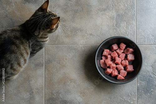 Tabby cat and fresh meat cubes in bowl on tiled floor photo