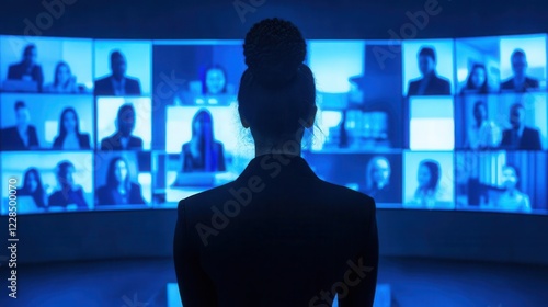 a professional female executive leading virtual team meeting illuminated by bluetinted screens in modern corporate command center business attire confident pose photo