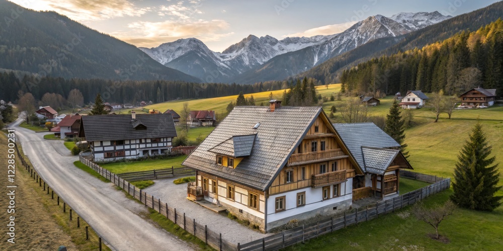 Obraz premium Picturesque chalet nestled in the mountains during golden hour with nearby houses and stunning alpine scenery