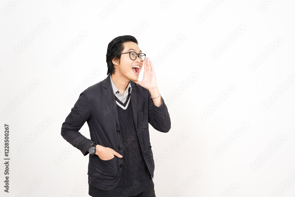 Shouting with Expressive Gesture for to telling something announcement for sale promotion Of Handsome Asian Man Isolated On White Background Shouting with Expressive Gesture for to telling something announcement for sale promotion Of Handsome Asian Man Isolated On White Background