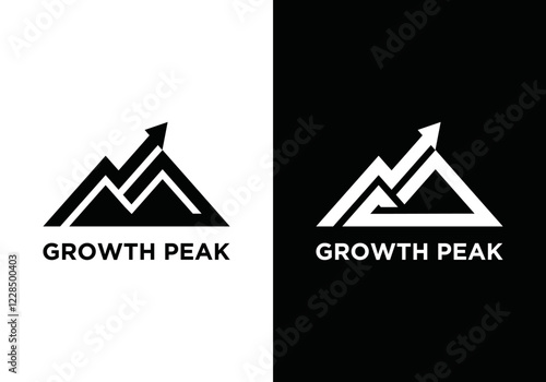 Financial mountain hill and arrow logo design template. Mountain shaped brand, icon, badge or label. Finance and business growth design vector