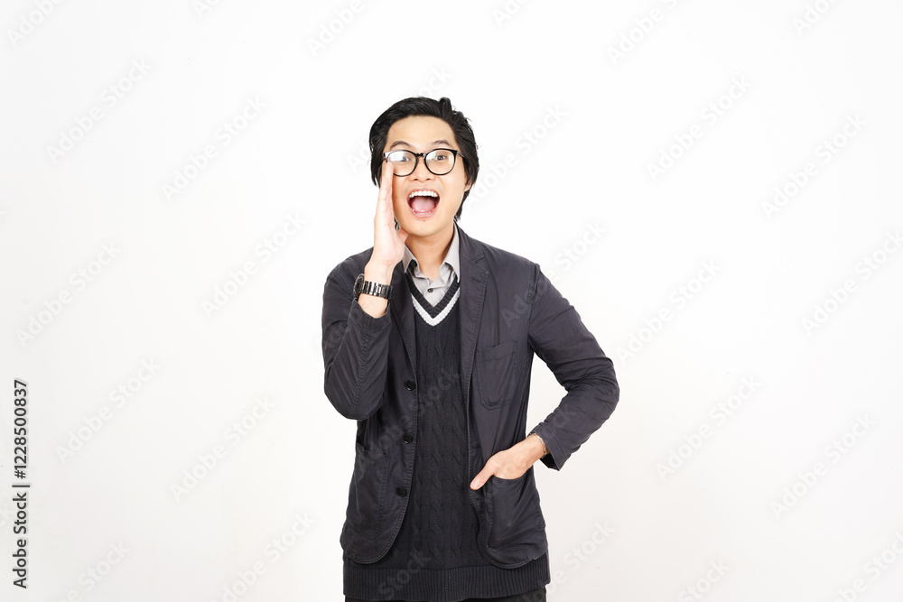 Shouting with Expressive Gesture for to telling something announcement for sale promotion Of Handsome Asian Man Isolated On White Background Shouting with Expressive Gesture for to telling something announcement for sale promotion Of Handsome Asian Man Isolated On White Background