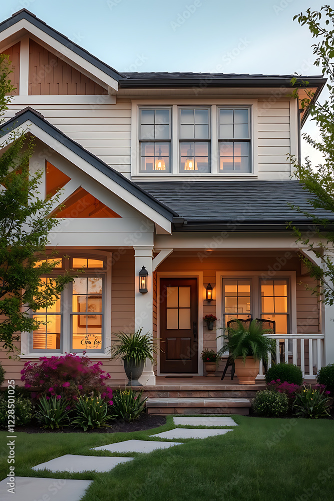 Obraz premium Luxury Home Exterior at Dusk: Modern Architectural Design, Landscaping, and Garden