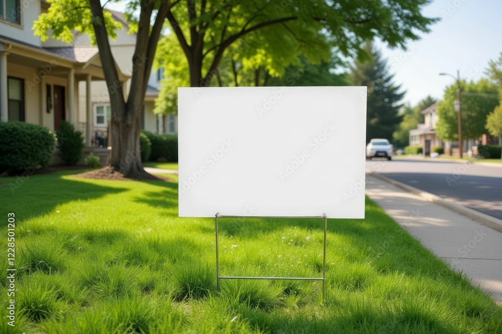 Blank Sign Stands In Green Grass Suburban Setting Blank Sign Stands In Green Grass Suburban Setting