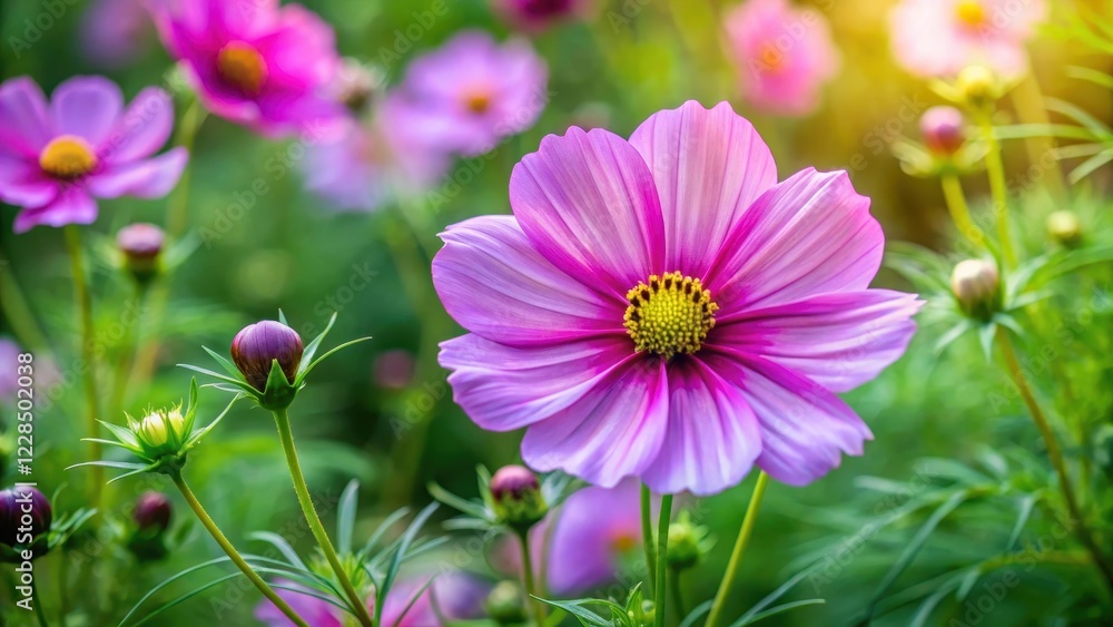 A delicate cosmos flower blossom in a garden bed with vibrant purple and pink petals, surrounded by lush green leaves and stems, floral arrangement, floral patterns A delicate cosmos flower blossom in a garden bed with vibrant purple and pink petals, surrounded by lush green leaves and stems, floral arrangement, floral patterns