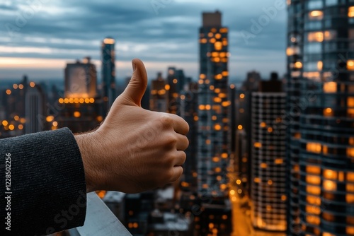 Hand giving a thumbs up gesture against a city skyline at twilight with glowing building windows photo