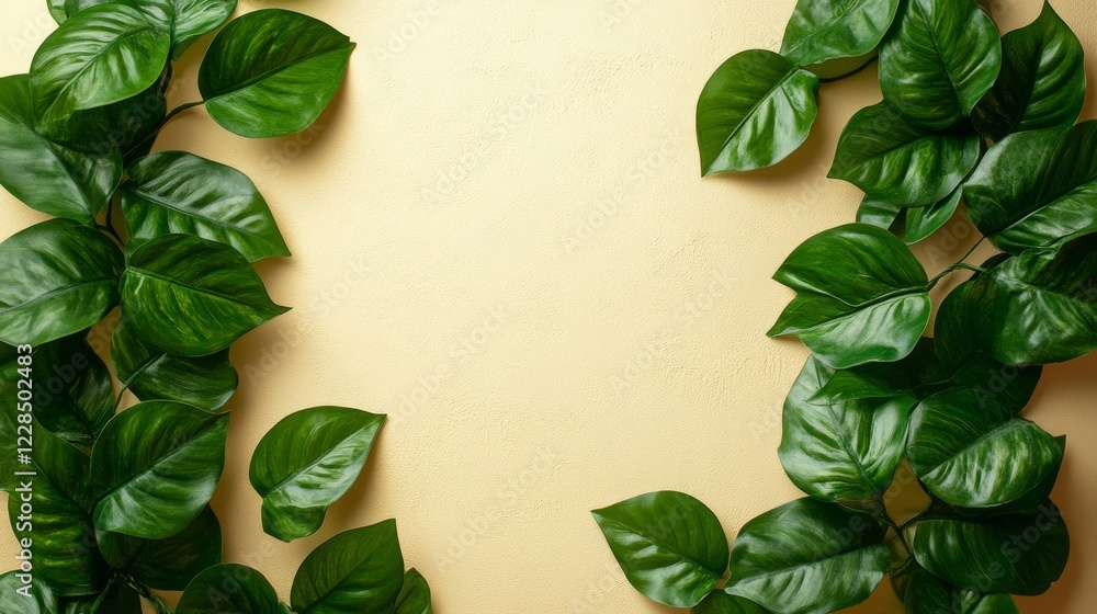Fototapeta premium Lush Green Leaves Frame Pale Yellow Background