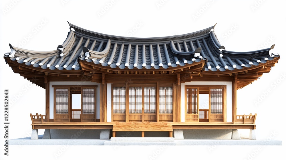 Traditional Korean Hanok House with Gray Tiled Roof and Wooden Structure Traditional Korean Hanok House with Gray Tiled Roof and Wooden Structure